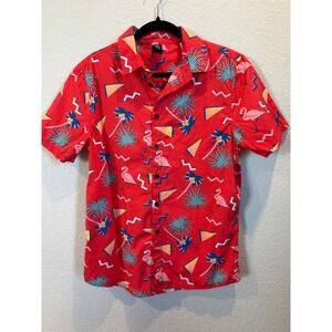 NEFF Men's Red Flamingo Palm‎ Tree Geo Print Button Up Shirt Medium